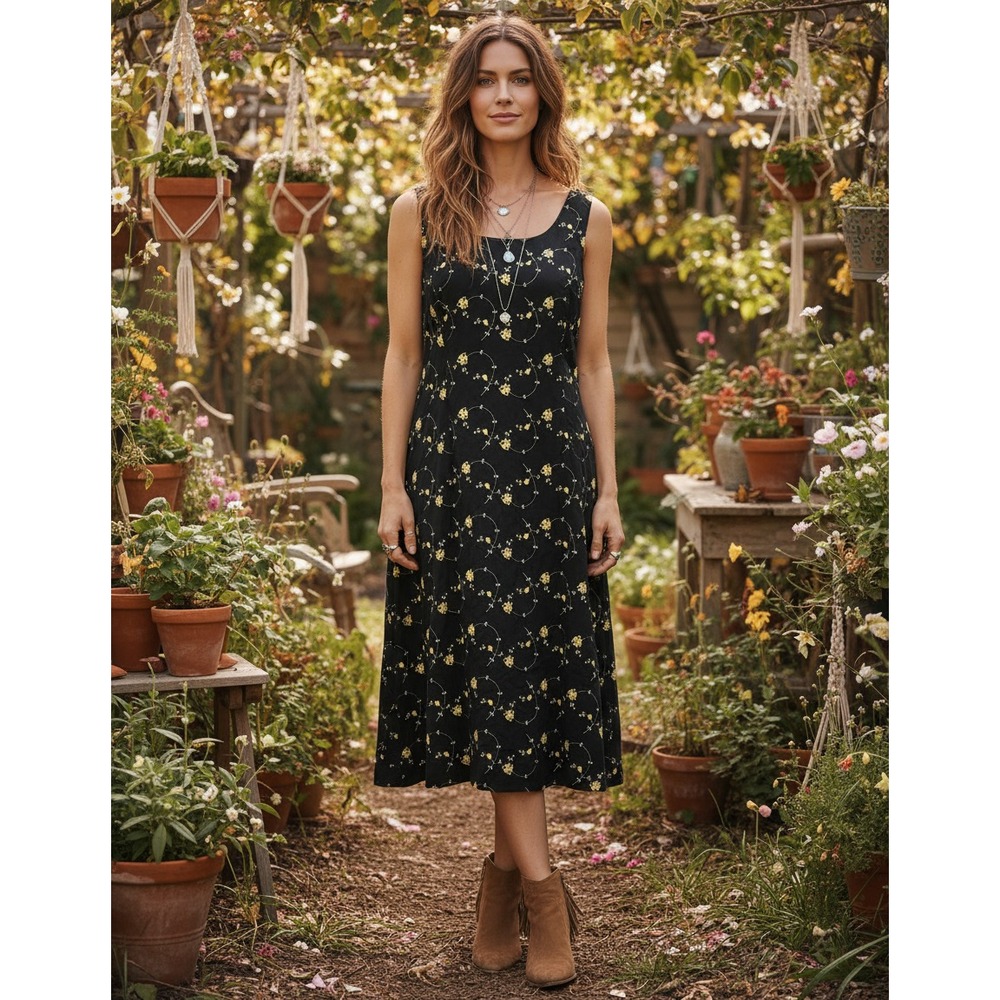 Vintage 80s 90s Sheri Martin Black Yellow Embroidered Floral Dress Midi Linen 12